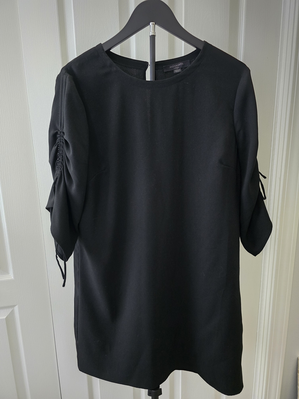 All Saints Black Mini Dress with Ruched Tie Sleeves